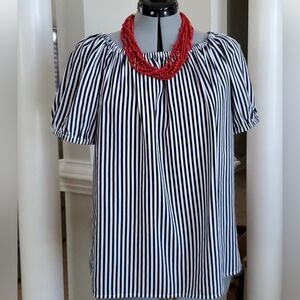 Chicos Short Sleeve Navy and White Striped Top Size Medium